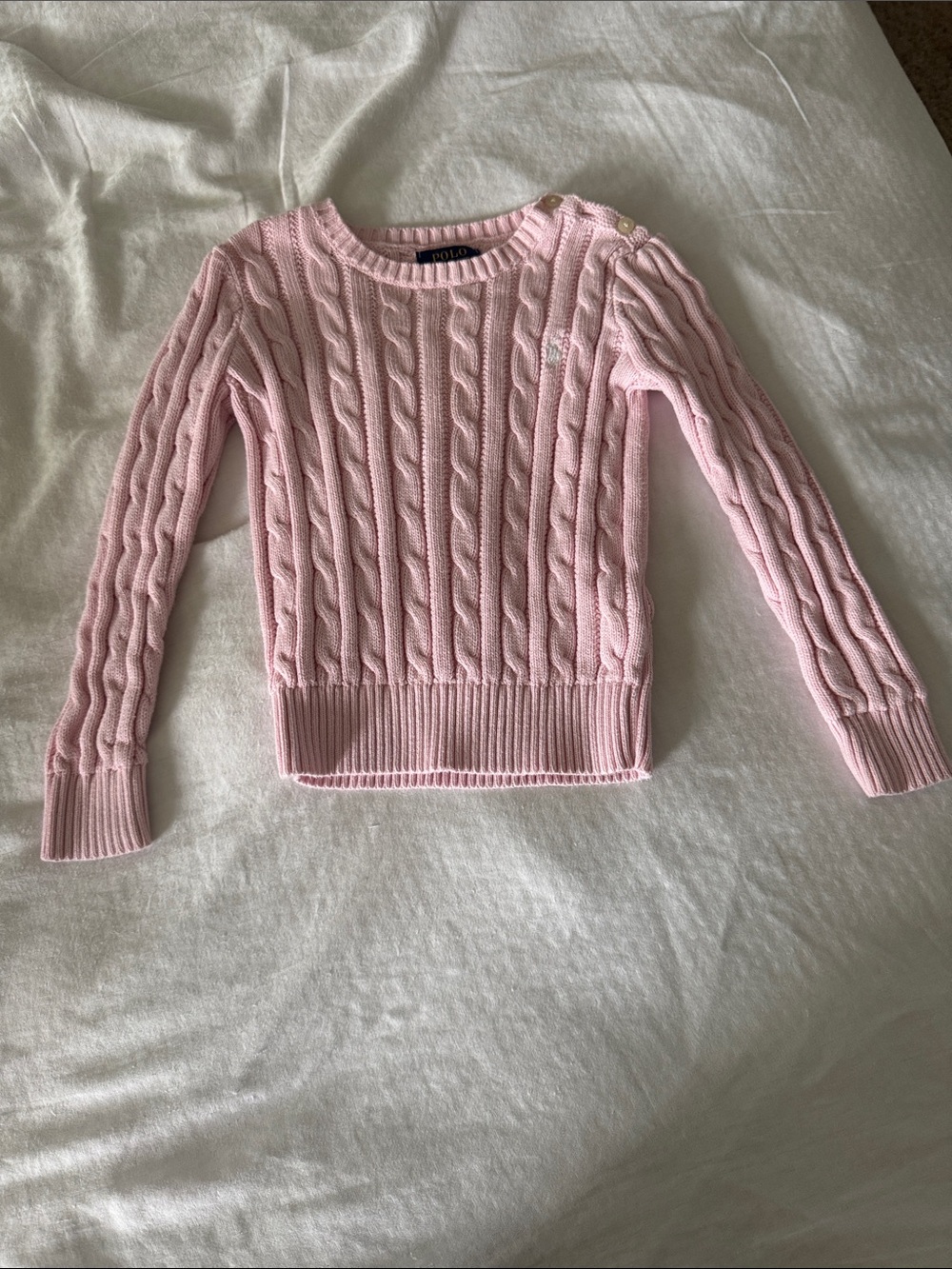 Ralph Lauren Light Pink Girls Cable-Knit Crewneck Sweater
